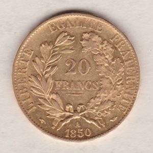 1850 A France Gold Twenty Francs coin featuring Ceres on the Obverse. The reverse has the denomination above the date within a wreath.