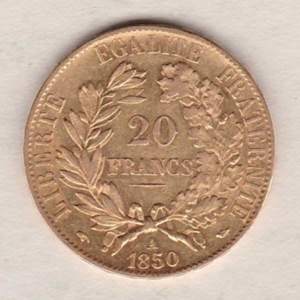 1850 A France Gold Twenty Francs coin featuring Ceres on the Obverse. The reverse has the denomination above the date within a wreath.