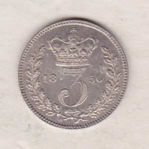 1850 Silver Threepence coin featuring the portrait of Queen Victoria on the Obverse. The Reverse features a crowned denomination dividing the date.
