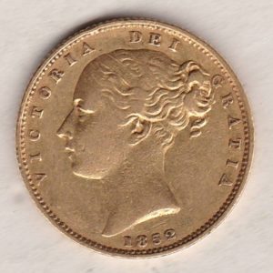 1852 Gold Sovereign Coin. The coin features a young head queen Victoria on the Obverse and the collectable shield design on the Reverse.