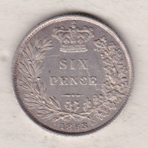 1853 silver sixpence coin featuring young head Queen Victoria on the Obverse. The crowned denomination within a wreath and date below on the Reverse.