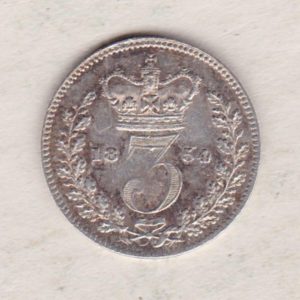 1854 Silver Threepence coin featuring the portrait of Queen Victoria on the Obverse. The Reverse features a crowned denomination dividing the date.
