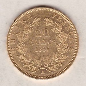 1855 A France Gold Twenty Francs coin featuring Napoleon III on the Obverse. The reverse has the denomination above the date within a wreath.
