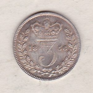 1856 Silver Threepence coin featuring the portrait of Queen Victoria on the Obverse. The Reverse features a crowned denomination dividing the date.