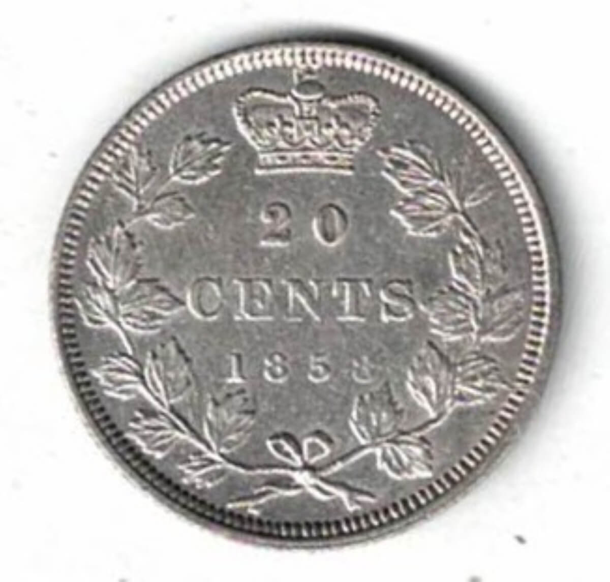 1858 Canada Silver Twenty Cent Coin. The obverse side of the coin features the young head of Queen Victoria facing left. All coins are in stock.