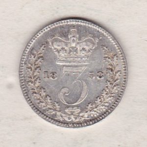 1858 Silver Threepence coin featuring the portrait of Queen Victoria on the Obverse. The Reverse features a crowned denomination dividing the date.