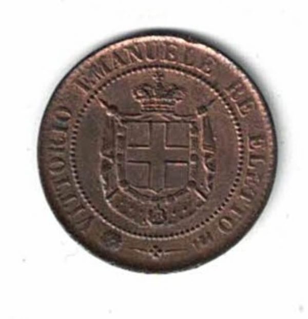 1859 Italy Tuscany Copper Two Centesimi Coin. The obverse of this coin features the Shield of Savoy. All coins are in stock.