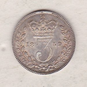 1859 Silver Threepence coin featuring the portrait of Queen Victoria on the Obverse. The Reverse features a crowned denomination dividing the date.