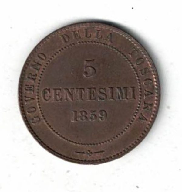 1859 Italy Tuscany Copper Five Centesimi Coin - Image 2