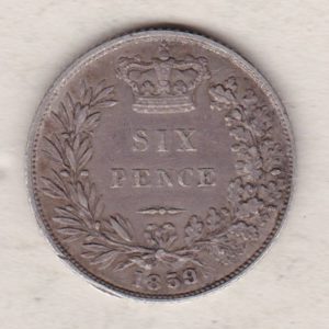 1859 silver sixpence coin featuring young head Queen Victoria on the Obverse. The crowned denomination within a wreath and date below on the Reverse.