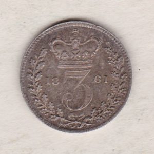 1861 Silver Threepence coin featuring the portrait of Queen Victoria on the Obverse. The Reverse features a crowned denomination dividing the date.