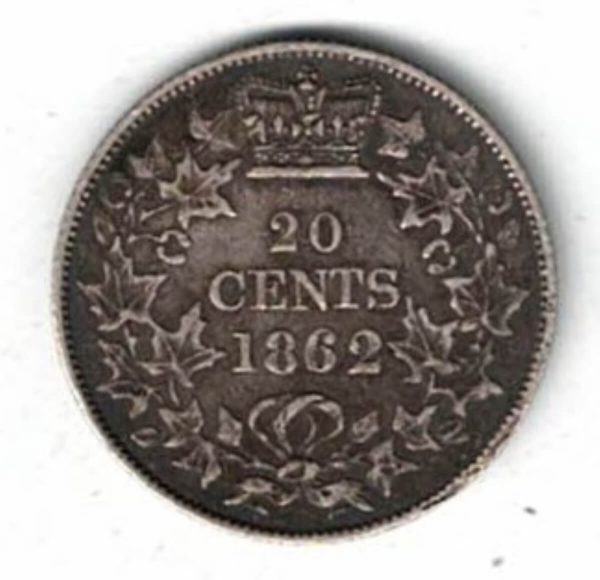 1862 Canada New Brunswick Silver Twenty Cent Coin. The obverse side of the coin features the young head of Queen Victoria facing left.