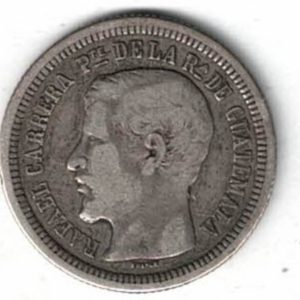 1862 R Guatemala Silver Two Reales Coin. The obverse features the bust of Rafael Carrera. The reverse features the coat of arms,