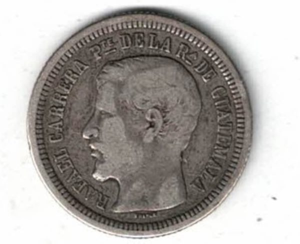 1862 R Guatemala Silver Two Reales Coin. The obverse features the bust of Rafael Carrera. The reverse features the coat of arms,