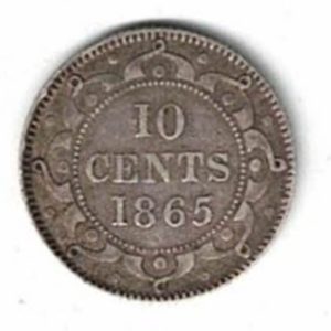 1865 Newfoundland Canada Silver Ten Cent Coin . The reverse features face value and year of issue in the centre, surrounded by a decorative circle.