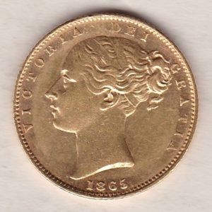 1865 Gold Sovereign Coin. Die number 26. The coin features a young head queen Victoria on the Obverse and the collectable shield design on the Reverse.