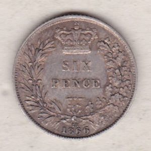 1866 silver sixpence coin featuring young head Queen Victoria on the Obverse. The crowned denomination within a wreath and date below on the Reverse.