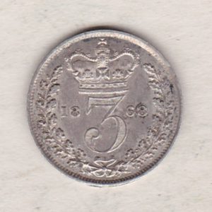 1868 Silver Threepence coin featuring the portrait of Queen Victoria on the Obverse. The Reverse features a crowned denomination dividing the date.