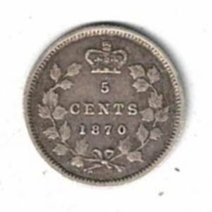 1870 Canada Silver Five Cent Coin. The obverse side of the coin features the young head of Queen Victoria  facing left. All coins are in stock
