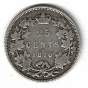1870 Canada Silver Twenty Five Cent Coin. The obverse side of the coin features the portrait of Queen Victoria facing left.