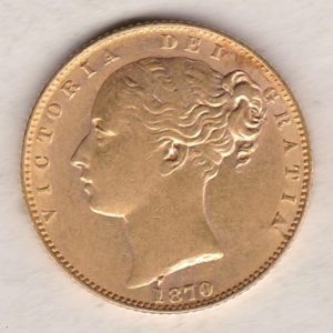 1870 Gold Sovereign Coin. Die number 86. The coin features a young head queen Victoria on the Obverse and the collectable shield design on the Reverse.