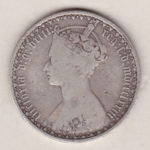 1873 Silver Gothic Florin Coin. The Obverse features a crowned bust of Queen Victoria. The Reverse features a shield with denomination.