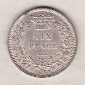 1874 silver sixpence coin featuring young head Queen Victoria on the Obverse. The crowned denomination within a wreath and date below on the Reverse.