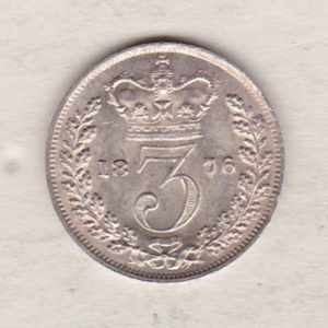 1876 Silver Threepence coin featuring the portrait of Queen Victoria on the Obverse. The Reverse features a crowned denomination dividing the date.
