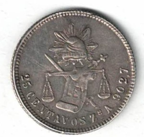 1876 Zs A Mexico Silver Twenty Five Centavos Coin. The obverse features an eagle on cactus with snake in beak. The reverse features Radiant cap.
