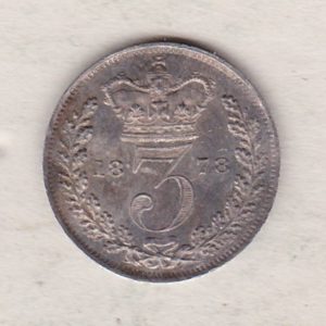 1878 Silver Threepence coin featuring the portrait of Queen Victoria on the Obverse. The Reverse features a crowned denomination dividing the date.