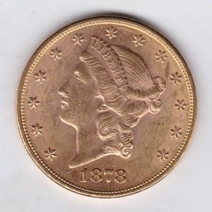 1878 USA Twenty Dollars coin featuring the Lady Liberty on the Obverse. The eagle with a shield on its chest completes the Reverse.