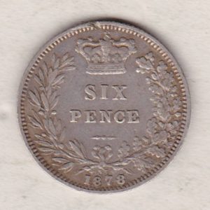 1878 silver sixpence coin featuring young head Queen Victoria on the Obverse. The crowned denomination within a wreath and date below on the Reverse.