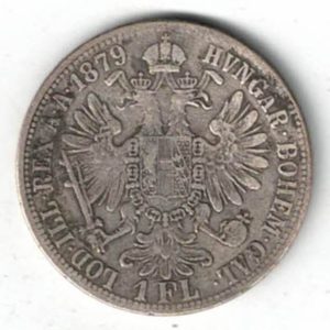 1879 Austria Silver Florin Coin. The obverse features the bust of Franz Joseph I facing right. The reverse features a double eagle.