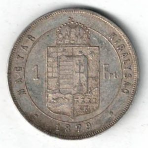 1879 KB Hungary Silver Forint Coin. The obverse features the bust of Franz Joseph I facing right. The reverse features crowned Shield divides within circle.
