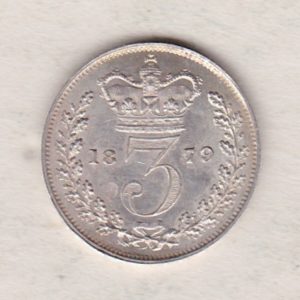 1879 Silver Threepence coin featuring the portrait of Queen Victoria on the Obverse. The Reverse features a crowned denomination dividing the date.