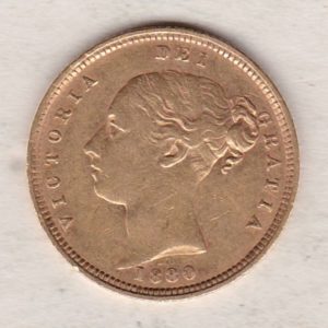 1880 Gold Half Sovereign Coin featuring Queen Victoria Young Head on the Obverse and the shield design on the Reverse with no die number.