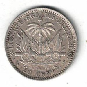 1881 Haiti Silver Twenty Centimes Coin. The obverse features a Bust facing right. The Reverse features the coat of arms. All coins are in stock.