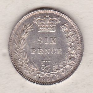 1881 Silver Sixpence coin featuring Queen Victoria on the Obverse. The Reverse features a crowned denomination within wreath.