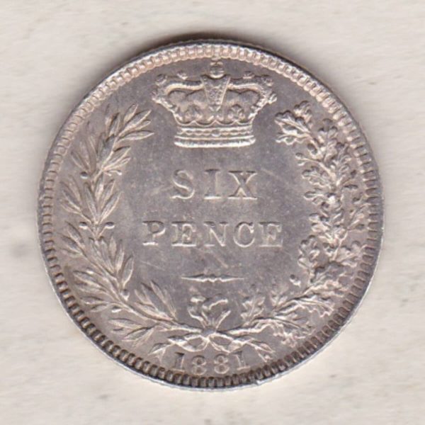 1881 Silver Sixpence coin featuring Queen Victoria on the Obverse. The Reverse features a crowned denomination within wreath.