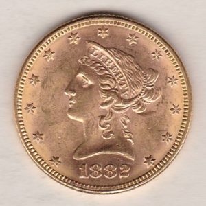 1882 USA Ten Dollars coin featuring the bust of Liberty surrounded by 13 stars on the Obverse and the eagle on an olive branch on the Reverse.