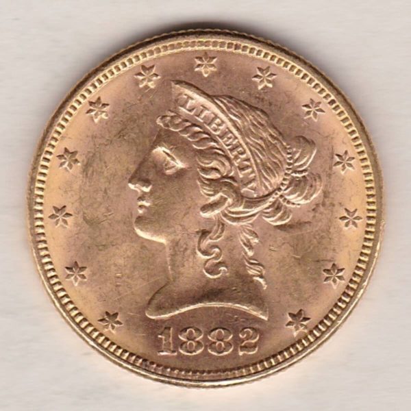 1882 USA Ten Dollars coin featuring the bust of Liberty surrounded by 13 stars on the Obverse and the eagle on an olive branch on the Reverse.