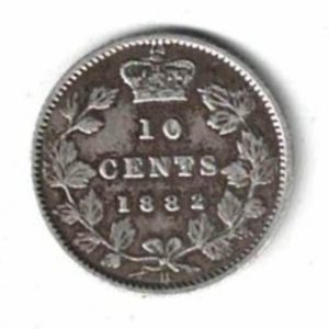 1882 H Canada Silver Ten Cent Coin. The obverse side of the coin features the young head of Queen Victoria  facing left. All coins are in stock