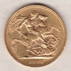 1884 S Gold Sovereign Coin featuring Queen Victoria Young Head on the Obverse and St George & the Dragon on the Reverse. Sydney Mint.