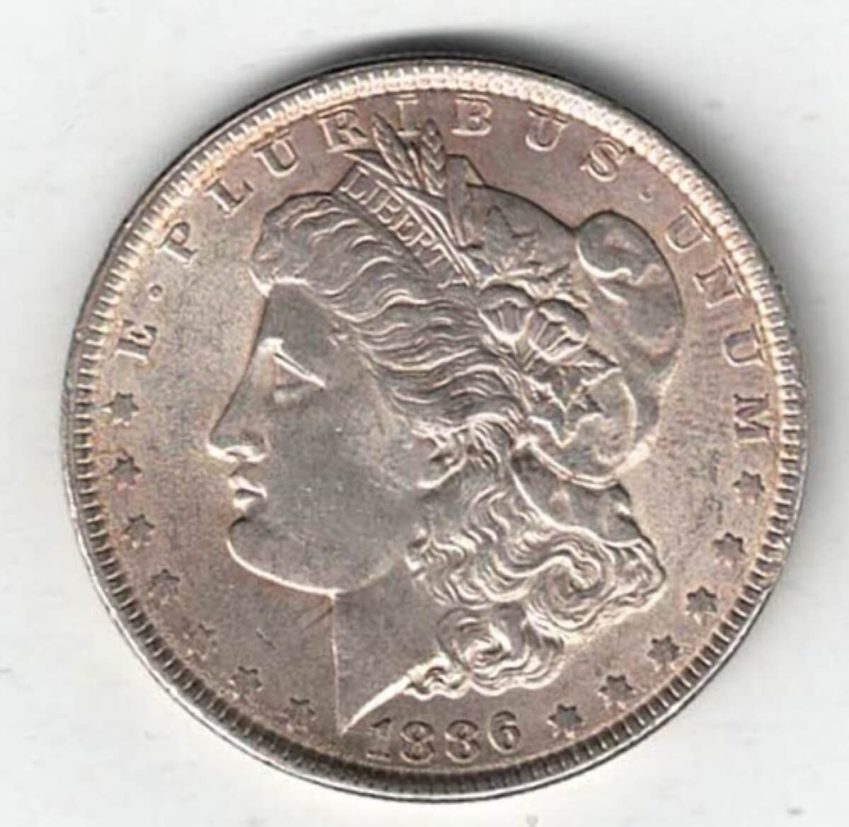 1886 Silver USA Morgan Dollar coin featuring lady liberty on the obverse. The eagle holding arrows and an olive branch on the reverse.