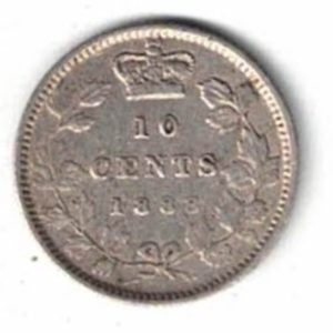 1888 Canada Silver Ten Cent Coin. The obverse side of the coin features the young head of Queen Victoria  facing left. All coins are in stock