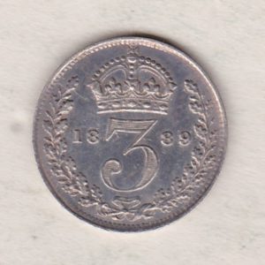 1889 Silver Threepence coin featuring the portrait of Queen Victoria on the Obverse. The Reverse features a crowned denomination dividing the date.