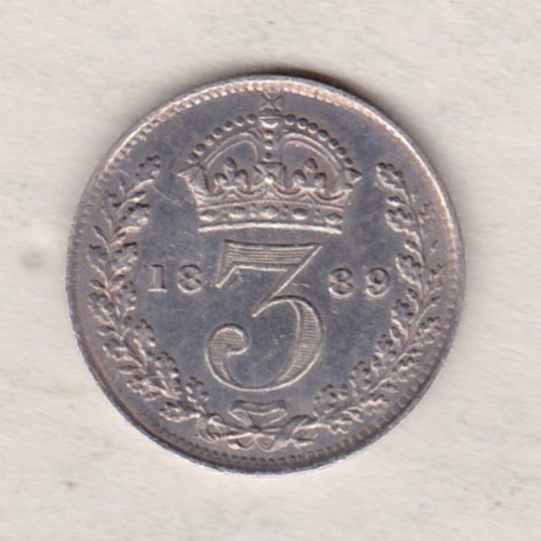 1889 Silver Threepence coin featuring the portrait of Queen Victoria on the Obverse. The Reverse features a crowned denomination dividing the date.