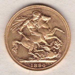 1890 M Gold Sovereign Coin featuring Queen Victoria Jubilee Head on the Obverse and St George & the Dragon on the Reverse. Melbourne Mint.