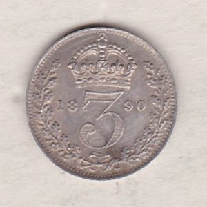 1890 Silver Threepence coin featuring the portrait of Queen Victoria on the Obverse. The Reverse features a crowned denomination dividing the date.