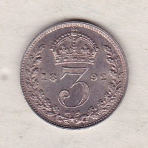 1892 Silver Threepence coin featuring the portrait of Queen Victoria on the Obverse. The Reverse features a crowned denomination dividing the date.